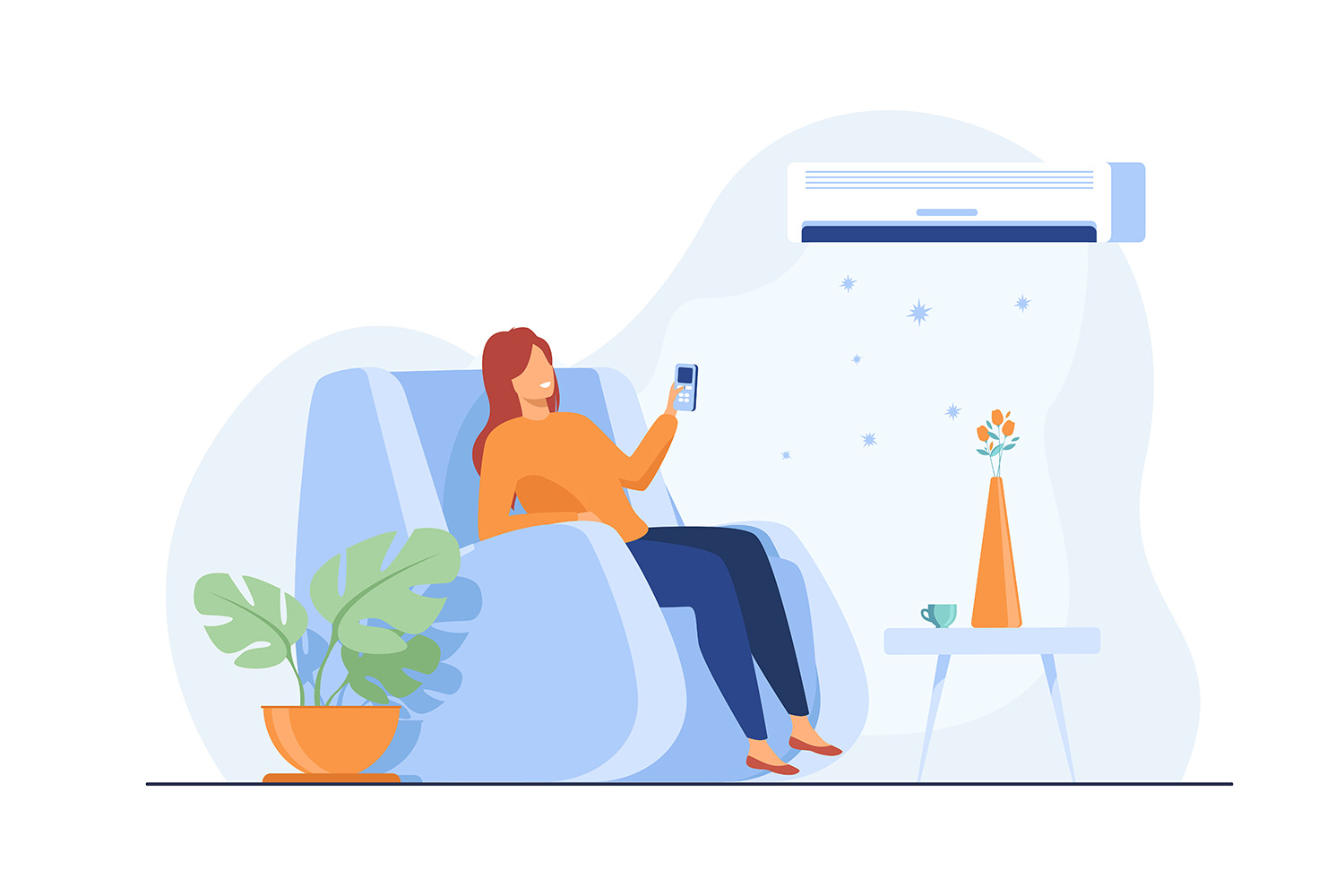 Woman relaxing in arm chair at home, turning on air conditioner system, holding remote control device. Flat vector illustration for summer, cleaning, comfort at home, appliance concept